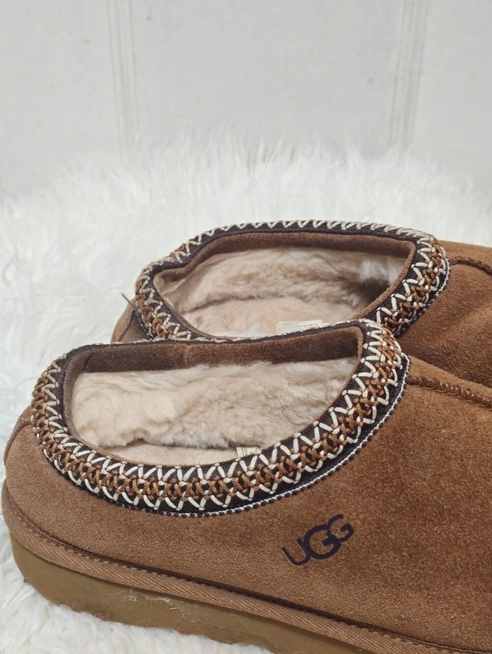 UGG Chestnut Brown Suede Shearling-Lined Clog Mules - Picture 9 of 10